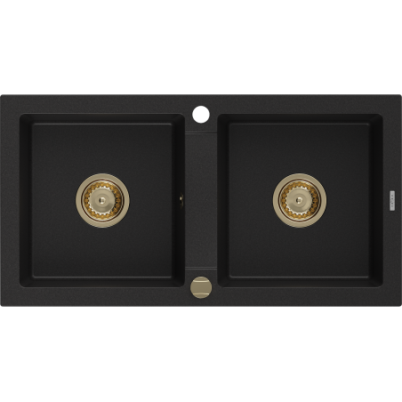 Mexen Mario fregadero de granito 2 cámaras 820 x 436 mm, negro, sifón dorado - 6504822000-77-G