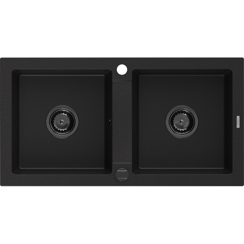 Mexen Mario évier en granit à 2 bacs 820 x 436 mm, noir, siphon noir - 6504822000-77-B