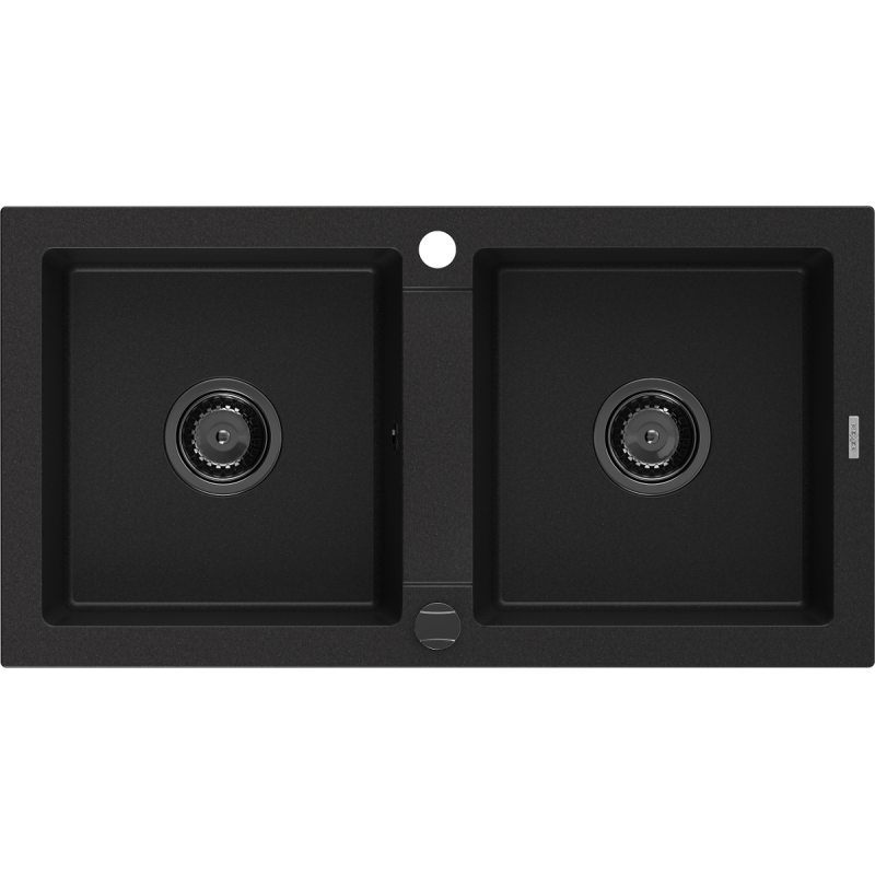 Mexen Mario granieten spoelbak 2-kamer 820 x 436 mm, zwart, zwarte sifon - 6504822000-77-B