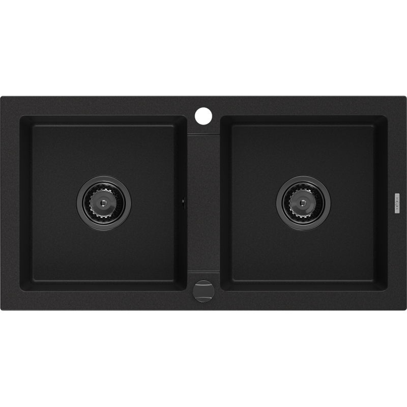 Mexen Mario graniittinen 2-altaalla varustettu keittiöallas 820 x 436 mm, musta, musta vesilukko - 6504822000-77-B