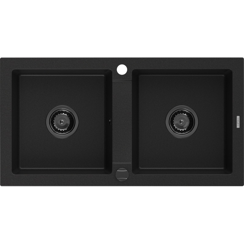 Mexen Mario granitische gootsteen met 2 compartimenten 820 x 436 mm, zwart, zwarte sifon - 6504822000-77-B