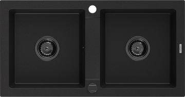 Mexen Mario lava-louça de granito de 2 cubas 820 x 436 mm, preto, sifão preto - 6504822000-77-B