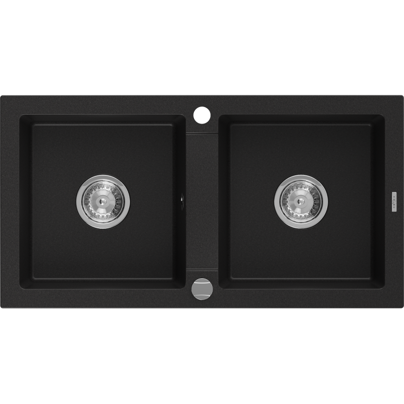 Mexen Mario granieten spoelbak met 2 kamers 820 x 436 mm, zwart, chromen sifon - 6504822000-77