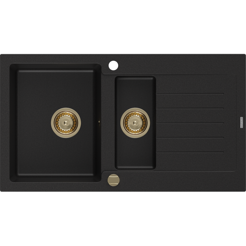 Mexen Matias fregadero de granito 1,5 compartimentos con escurridor 900 x 505 mm, negro, sifón dorado - 6502901505-77-G