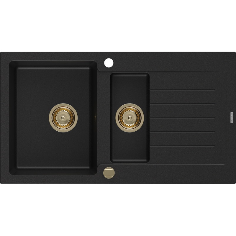 Mexen Matias granieten spoelbak 1,5-komoren met druiprek 900 x 505 mm, zwart, gouden sifon - 6502901505-77-G