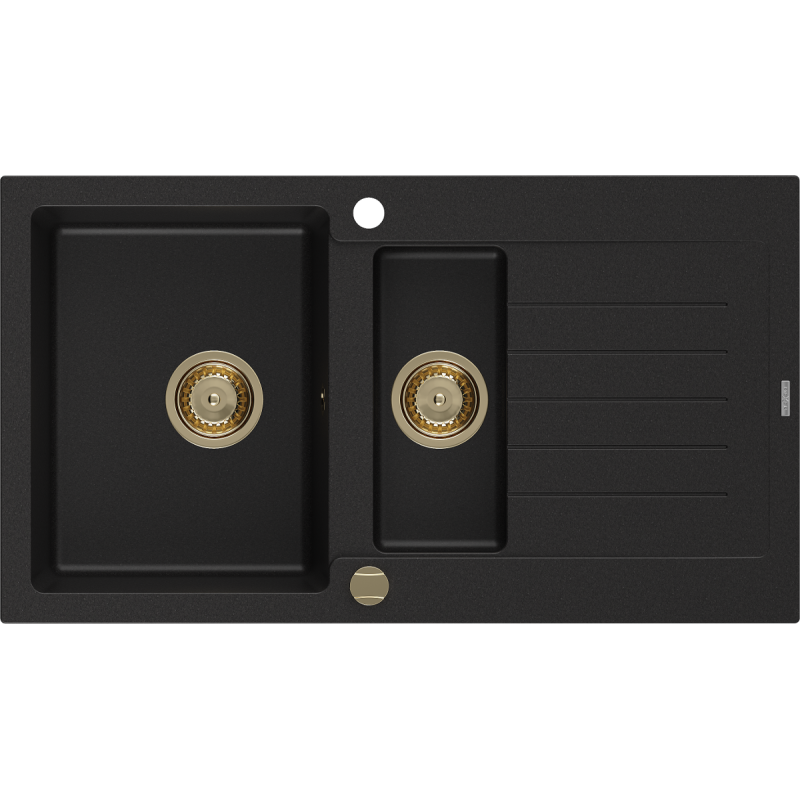 Mexen Matias graniittinen 1,5-osaista tiskiallas valutustasolla 900x505 mm, musta, kultainen sifoni - 6502901505-77-G