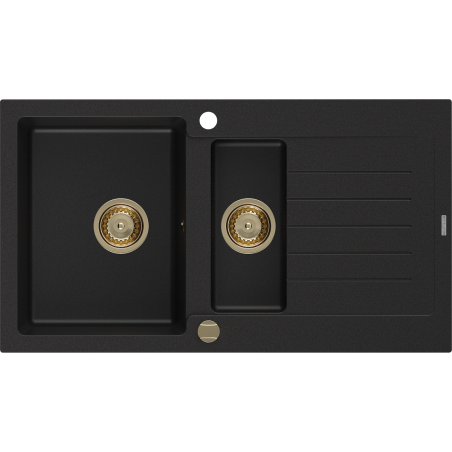 Mexen Matias fregadero de granito 1,5 compartimentos con escurridor 900 x 505 mm, negro, sifón dorado - 6502901505-77-G