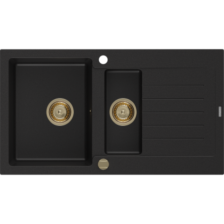 Mexen Matias lava-louça de granito de 1,5 cubas com escorredor 900 x 505 mm, preto, sifão dourado - 6502901505-77-G