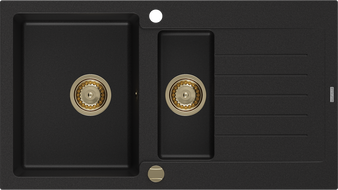 Mexen Matias lava-louça de granito de 1,5 cubas com escorredor 900 x 505 mm, preto, sifão dourado - 6502901505-77-G