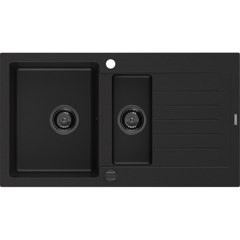 Mexen Matias granit modelis izlietne 1,5 nodalījumu ar notecējumu 900 x 505 mm, melna, sifons melns - 6502901505-77-B