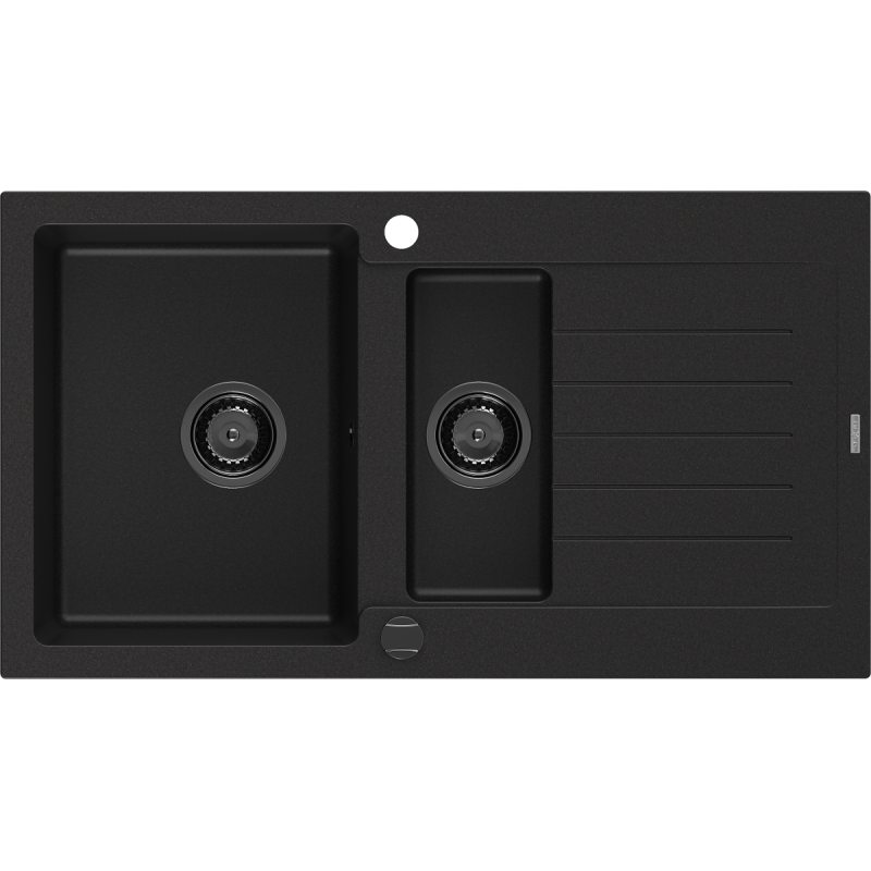 Mexen Matias lava-louça em granito 1,5-cuba com escorredor 900 x 505 mm, preto, sifão preto - 6502901505-77-B