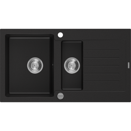Mexen Matias granīta izlietne ar 1,5 nodalījumiem un noteku 900 x 505 mm, melna, hromēts sifons - 6502901505-77