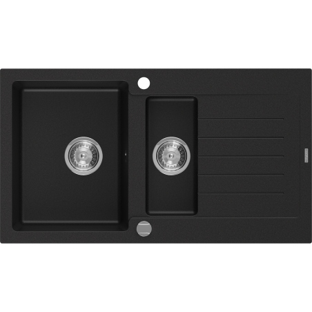 Mexen Matias granitno pomivalno korito, 1,5-komorno s cedilom, 900 x 505 mm, črno, kromiran sifon - 6502901505-77