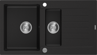 Mexen Matias fregadero de granito de 1,5 senos con escurridor 900 x 505 mm, negro, sifón cromado - 6502901505-77