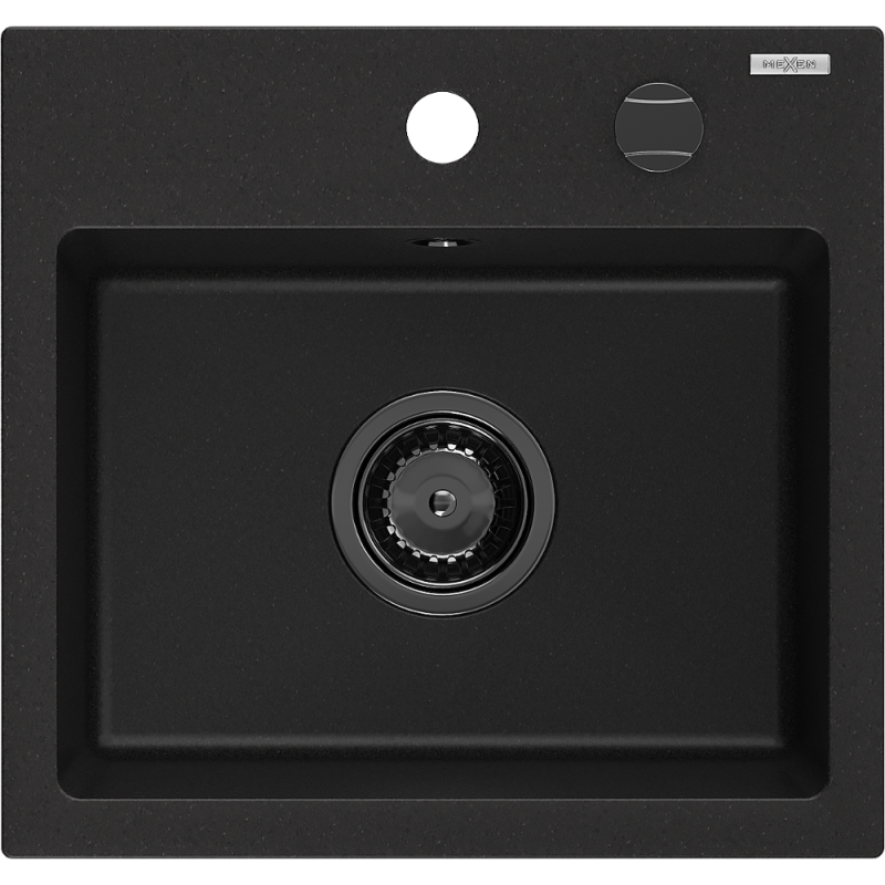 Mexen Milo granieten gootsteen 1-komerig 435 x 410 mm, zwart, zwarte sifon - 6505441000-77-B