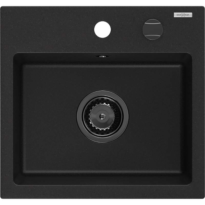 Mexen Milo lavello in granito a 1 vasca 435 x 410 mm, nero, sifone nero - 6505441000-77-B