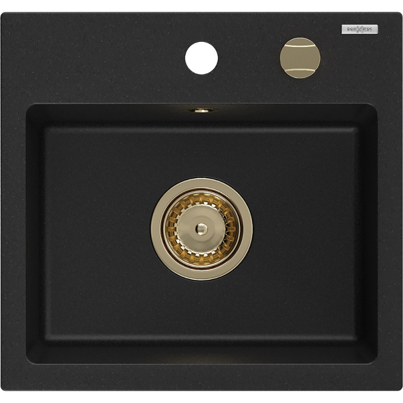 Mexen Milo fregadero de granito de 1 compartimento 435 x 410 mm, negro, sifón dorado - 6505441000-77-G