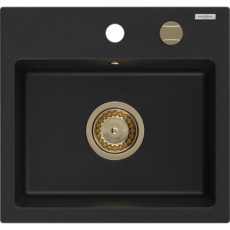Mexen Milo lavello in granito a 1 vasca 435 x 410 mm, nero, sifone dorato - 6505441000-77-G