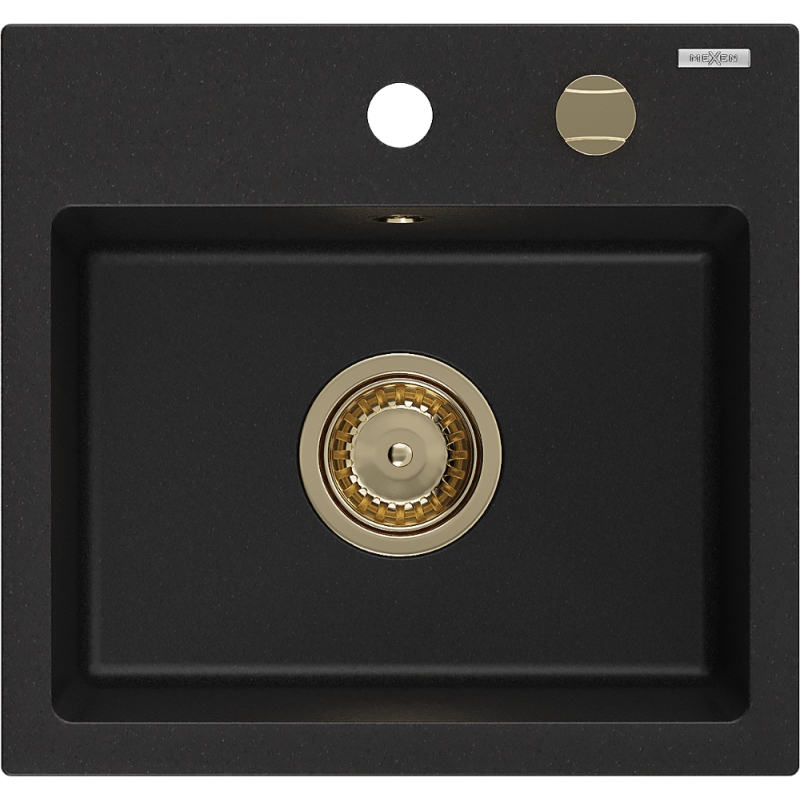 Mexen Milo yksialtainen graniittiallas 435 x 410 mm, musta, kultainen sifoni - 6505441000-77-G