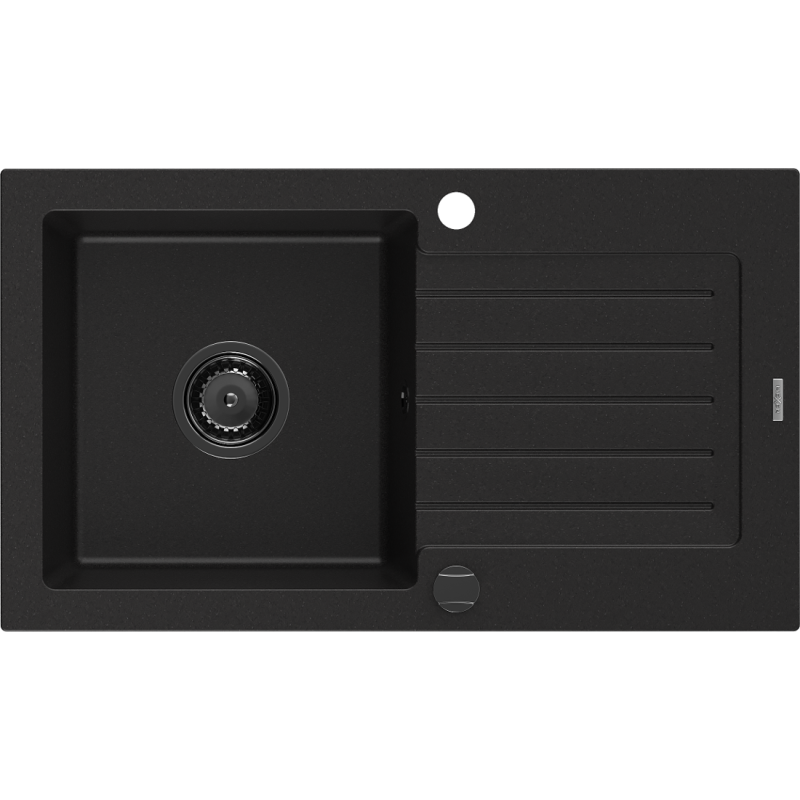 Mexen Pablo fregadero de granito de 1 cuenco con escurridor 752 x 436 mm, negro, sifón negro - 6510751010-77-B