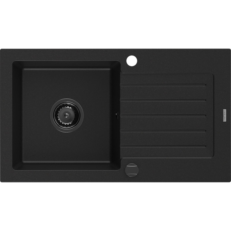 Mexen Pablo granit gootsteen 1-bak met afdruipplaat 752 x 436 mm, zwart, zwarte sifon - 6510751010-77-B