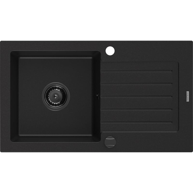 Mexen Pablo granite kitchen sink with 1 bowl and drainer 752 x 436 mm, black, black siphon - 6510751010-77-B