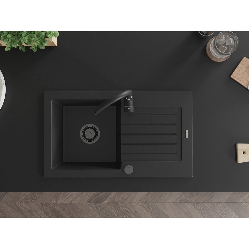 Mexen Pablo fregadero de granito de 1 cuenco con escurridor 752 x 436 mm, negro, sifón negro - 6510751010-77-B