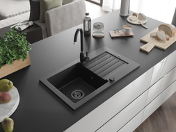 Mexen Pablo granite kitchen sink with 1 bowl and drainer 752 x 436 mm, black, black siphon - 6510751010-77-B