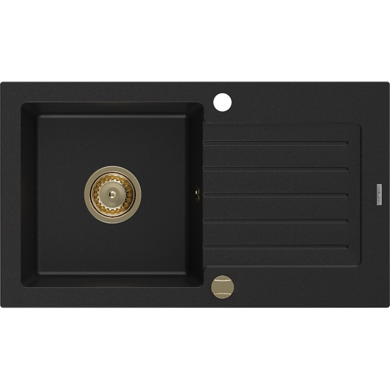 Mexen Pablo fregadero de granito de 1 compartimiento con escurridor 752 x 436 mm, negro, sifón dorado - 6510751010-77-G