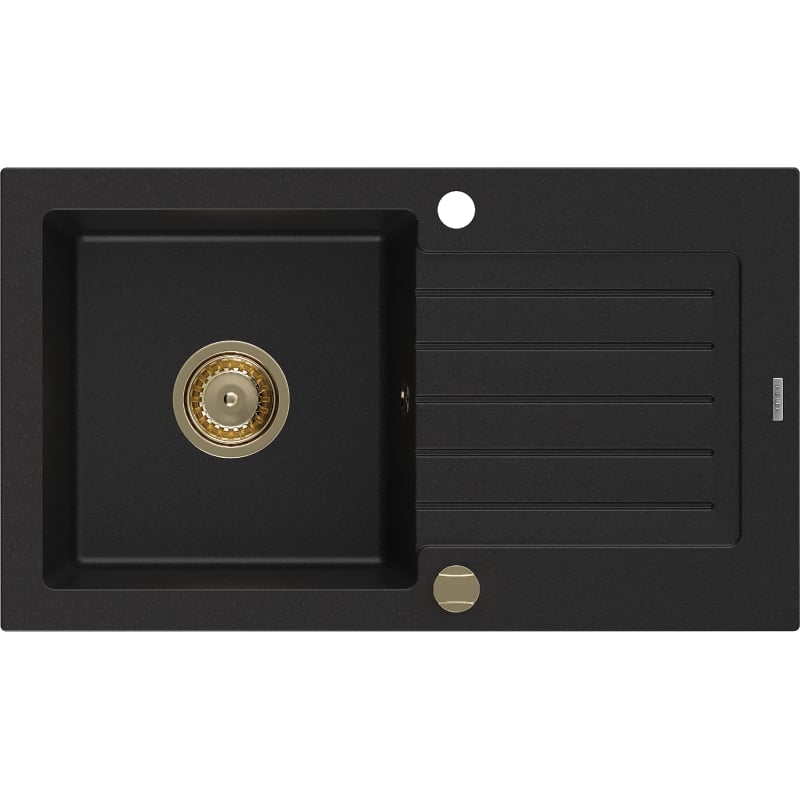 Mexen Pablo graniidist valamu 1-kauss nõrgumisalusega 752 x 436 mm, must, kuldne sifoon - 6510751010-77-G