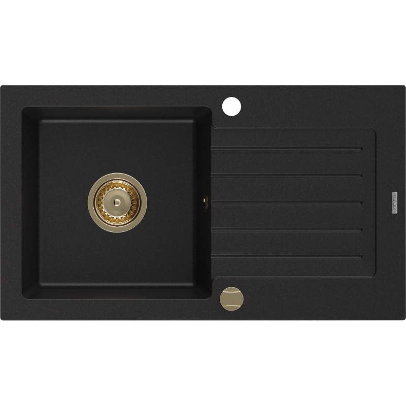 Mexen Pablo granit gootsteen 1-komorig met afdruiprek 752 x 436 mm, zwart, gouden sifon - 6510751010-77-G