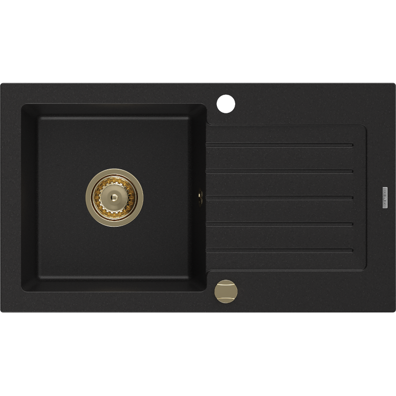 Mexen Pablo Granitspüle 1-becken mit Abtropffläche 752 x 436 mm, schwarz, goldener Siphon - 6510751010-77-G
