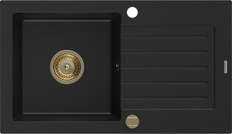 Mexen Pablo granieten spoelbak 1-komors met afdruiprek 752 x 436 mm, zwart, gouden sifon - 6510751010-77-G