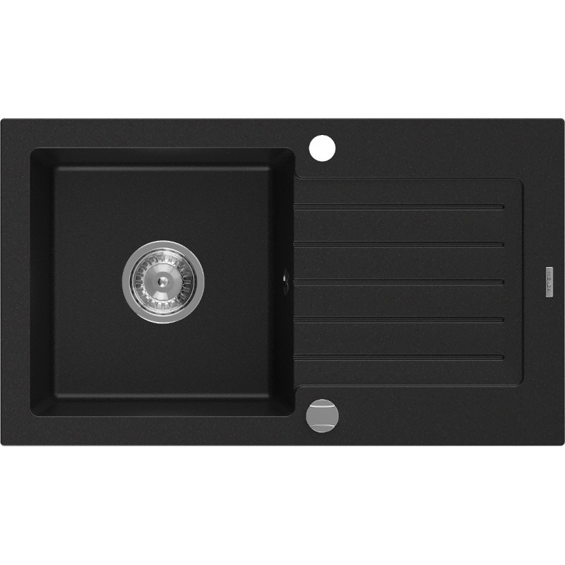 Mexen Pablo évier en granit à 1 bac avec égouttoir 752 x 436 mm, noir, siphon chromé - 6510751010-77