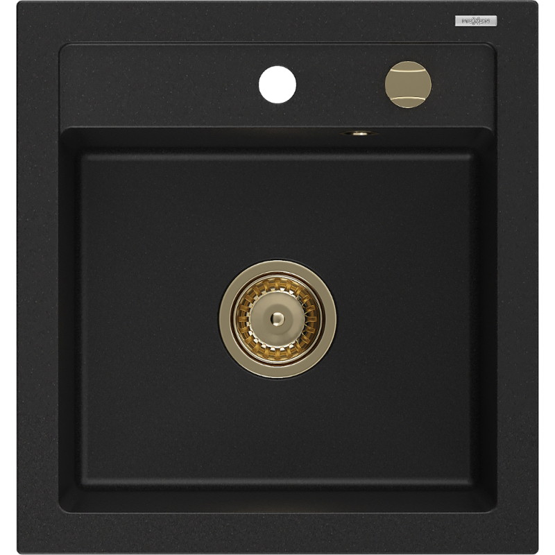 Mexen Vito évier en granit à 1 bac 520 x 490 mm, noir, siphon doré - 6503521000-77-G