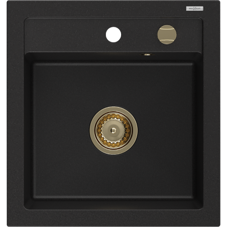 Mexen Vito Granitspüle 1-Becken 520 x 490 mm, schwarz, goldener Siphon - 6503521000-77-G