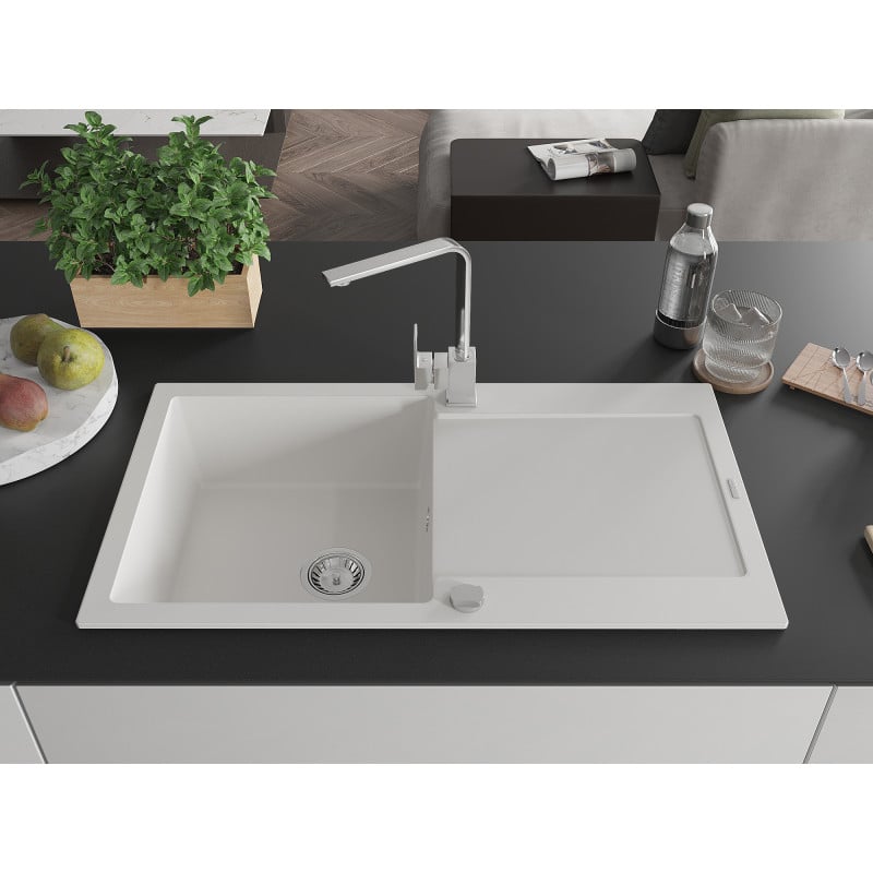Mexen Leo 1-bowl granite sink with drainer and Rita kitchen tap, white - 6501-20-670300-00