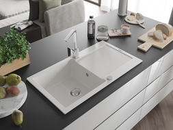 Mexen Leo 1-bowl granite sink with drainer and Rita kitchen tap, white - 6501-20-670300-00