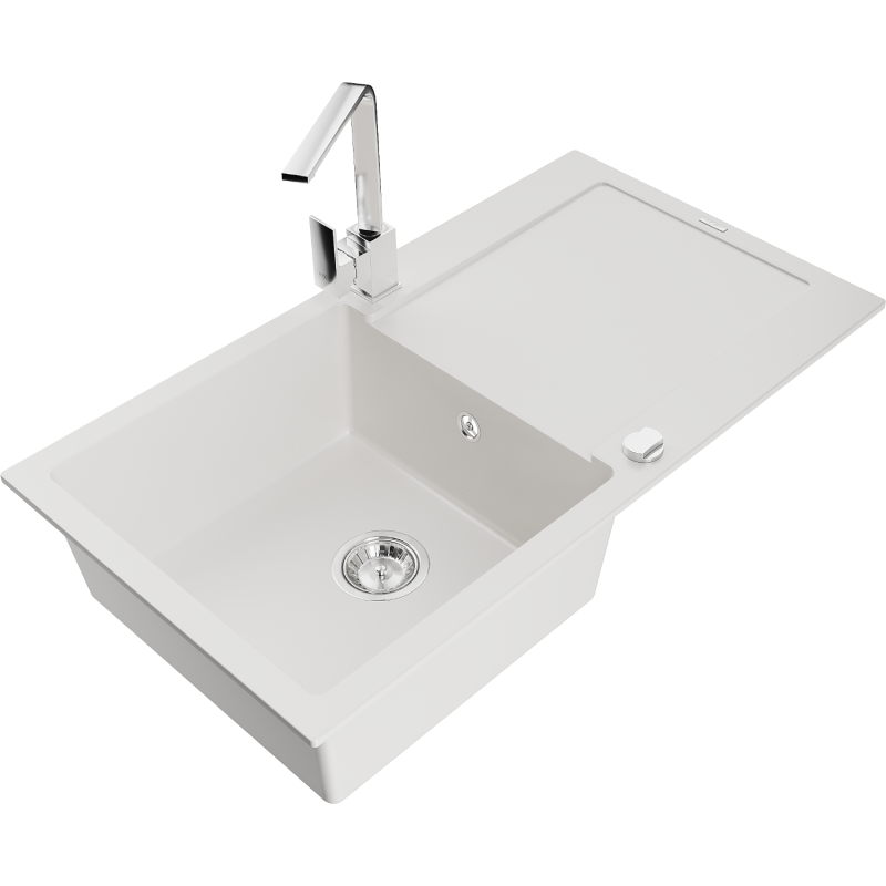 Mexen Leo 1-bowl granite sink with drainer and Rita kitchen tap, white - 6501-20-670300-00