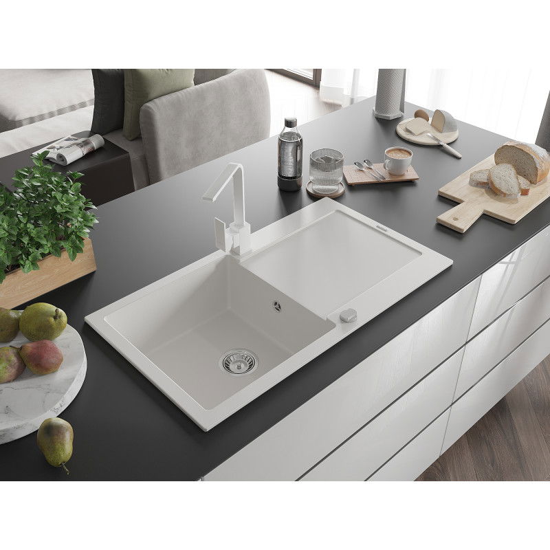 Mexen Leo 1-bowl granite sink with drainer and Rita kitchen tap, white - 6501-20-670300-20