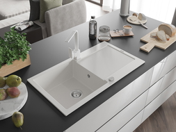 Mexen Leo fregadero de granito de 1 cubeta con escurridor y grifo de cocina Rita, blanco - 6501-20-670300-20