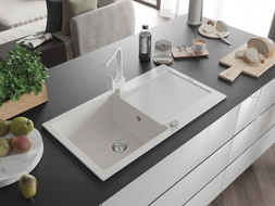 Mexen Leo fregadero de granito de 1 cubeta con escurridor y grifo de cocina Rita, blanco - 6501-20-670300-20