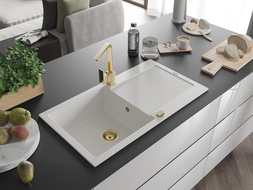 Mexen Leo fregadero de granito de 1 cubeta con escurridor y grifo de cocina Rita, blanco - 6501-20-670300-50