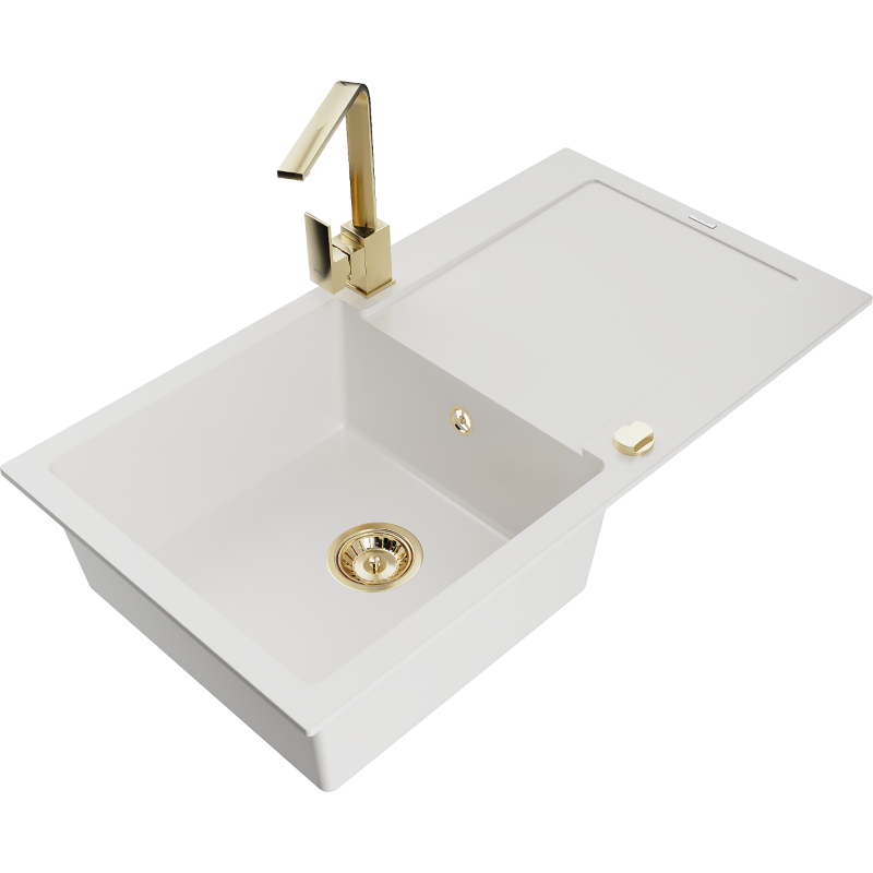 Mexen Leo fregadero de granito de 1 cubeta con escurridor y grifo de cocina Rita, blanco - 6501-20-670300-50