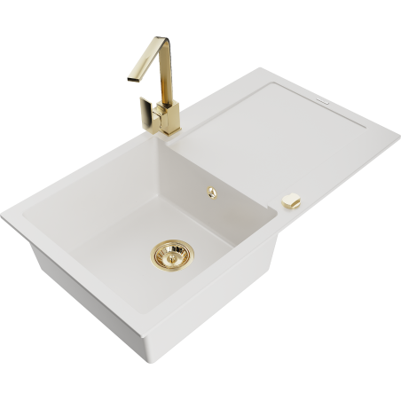 Mexen Leo 1-bowl granite kitchen sink with drainer and Rita kitchen tap, white - 6501-20-670300-50