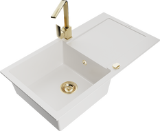 Mexen Leo fregadero de granito de 1 cubeta con escurridor y grifo de cocina Rita, blanco - 6501-20-670300-50
