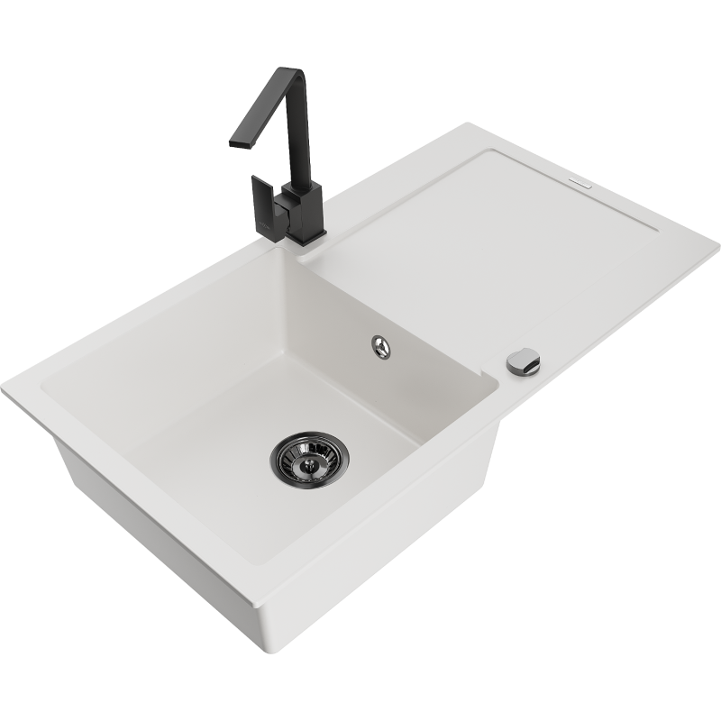 Mexen Leo fregadero de granito de 1 cubeta con escurridor y grifo de cocina Rita, blanco - 6501-20-670300-70