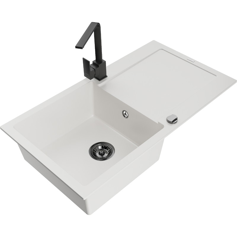 Mexen Leo granitische spoelbak 1-komp met afdruiprek en keukenkraan Rita, wit - 6501-20-670300-70