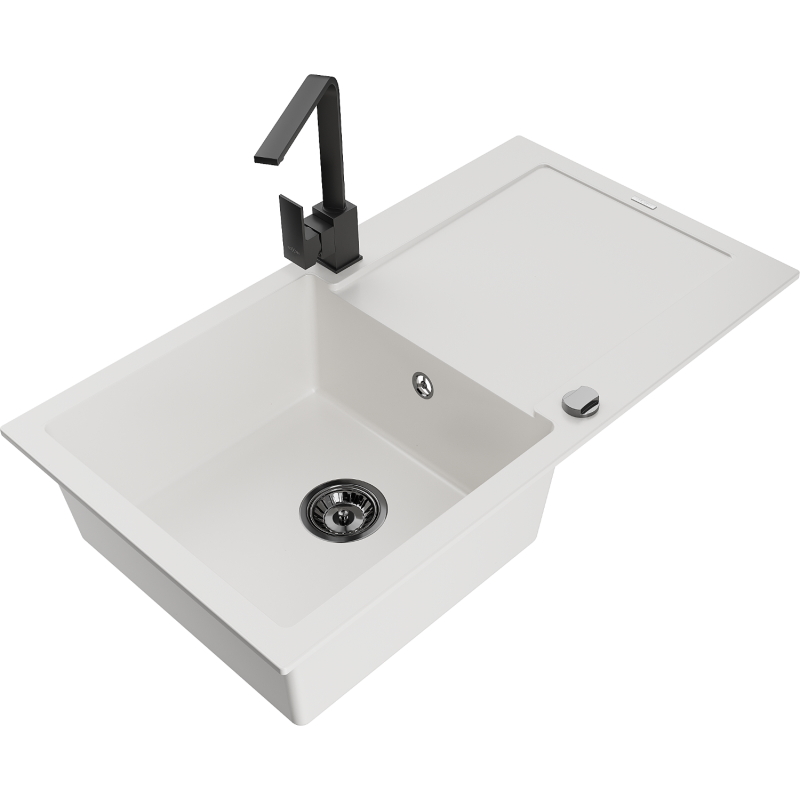 Mexen Leo lava-louça de granito de 1 câmara com escorredor e torneira de cozinha Rita, branco - 6501-20-670300-70