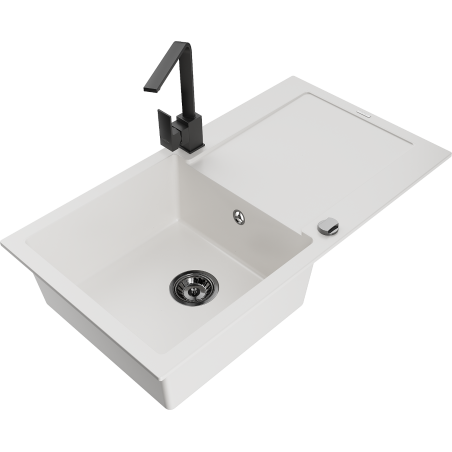 Mexen Leo fregadero de granito de 1 cubeta con escurridor y grifo de cocina Rita, blanco - 6501-20-670300-70